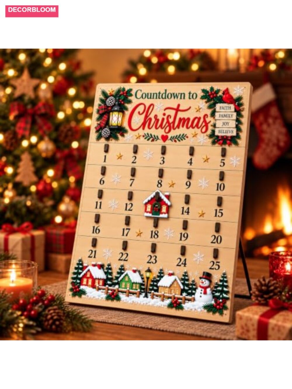 Wooden Christmas Advent Calendar 25 Days Countdown Tabletop Decor